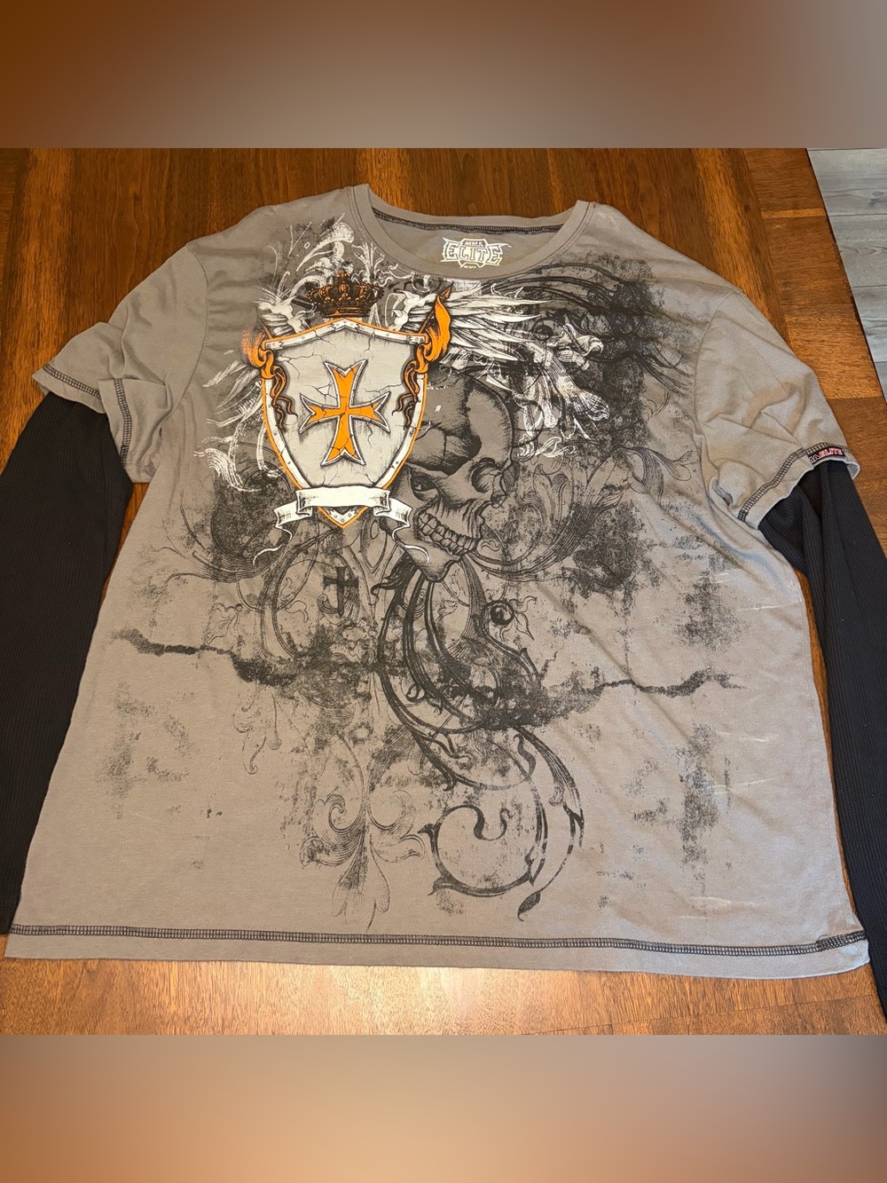 MMA Elite Mens 2XL Gray Skull Graphic Long Sleeve Crew Neck Double-Sided Y2K
